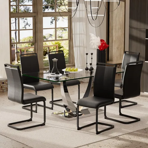 Vista 14 de Juego de mesa de comedor de lujo moderno de 63 pulgadas para 4 tapas rectangulares de vidrio templado con base en U cromada y sillas de comedor Negro