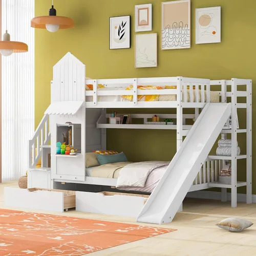 Vista 40 de Cama de Casa Tamaño Twin con Elegantes Ventanas y Estantería, Marco de Litera con Diseño de Castillo de Madera con Barandillas de Seguridad