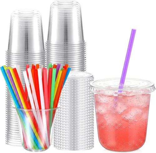 Vista 9 de Ziliny - Paquete de 50 vasos de plástico de 12 onzas con tapas, pajitas