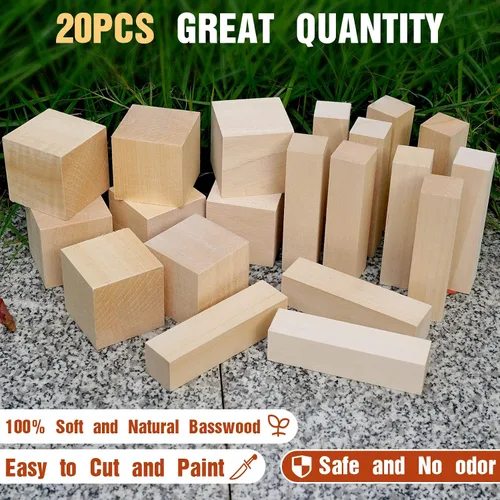 Vista 3 de Bloques de tallado de madera de tilo, kit de 20 piezas de bloques de madera para tallar con 2 tamaños diferentes, madera de tilo para tallar fácil