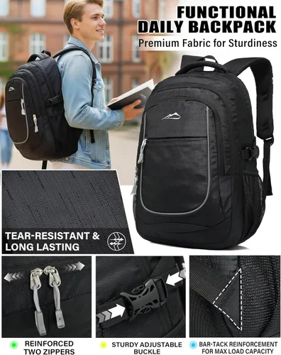 Vista 3 de ProEtrade Mochila para universidad, viajes, negocios, senderismo, apta para laptop de hasta 15.6 pulgadas, Negro, 15,6 pulg., Mochilas Daypack
