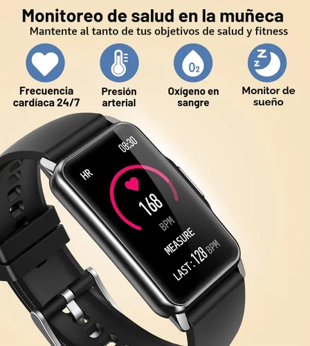 Vista 4 de Reloj inteligente con monitor de salud y fitness con frecuencia cardíaca 24/7, oxígeno en sangre, presión arterial, monitor de sueño, 115 modos