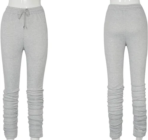Vista 6 de Annystore Pantalones casuales ajustados apilados para mujer, leggings con cordón fruncido, pantalones de entrenamiento gruesos con bolsillos