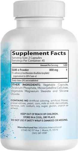 Vista 3 de Infusiones Pure SAM-e 800 mg 90 cápsulas vegetales (S-adensoil-metionina) Extra Fuerza Sin Gluten Sin OMG (2)