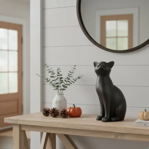 Vista 6 de Comfy Hour - Colección Farmhouse, decoración de gato de pie de 9" en poliresina, color negro