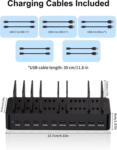 Vista 8 de Estación de carga de 100 W para múltiples dispositivos, estación de carga rápida USB de 10 puertos con divisores ajustables y 10 cables, base