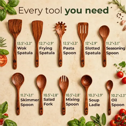 Vista 3 de Cucharas de madera para cocinar: juego de utensilios de cocina de teca