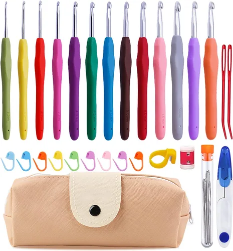 Vista 7 de Mayboos Juego de 72 ganchos de ganchillo, kit de ganchos de ganchillo más agujas romas de ojo grande, agujas ergonómicas de hilo para tejer, clips
