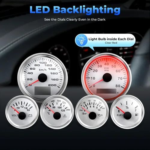 Vista 2 de Juego electrónico de 6 medidores blancos automáticos, calibre 0.236 x 2.047 in, calibre LED con enchufe múltiple, juego universal de calibre 6