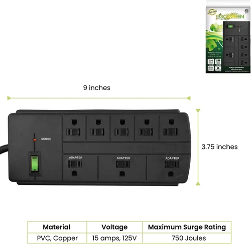 Vista 2 de Power by GoGreen - Protector de sobretensiones de 8 tomas, cable de 6 pies, color negro (GG-18316BK)