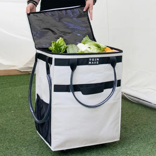 Vista 4 de Bolsa de comestibles reutilizable sobre ruedas, carrito de compras con 8 bolsillos y cubierta con cremallera, bolsa plegable con ruedas, asas