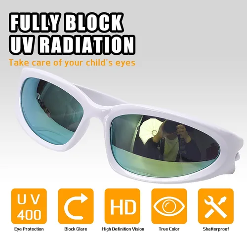 Vista 2 de GUVIVI Gafas de sol para niños con correa envolvente, gafas de sol futuristas para niños y niñas, persianas ovaladas de 4 a 12 años