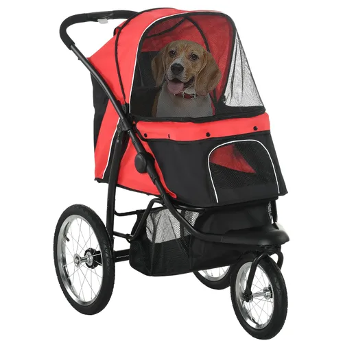 Vista 11 de PawHut Cochecito para mascotas de 3 ruedas, cochecito plegable para perros con toldo ajustable, correa de seguridad, cojín, cesta de almacenamiento
