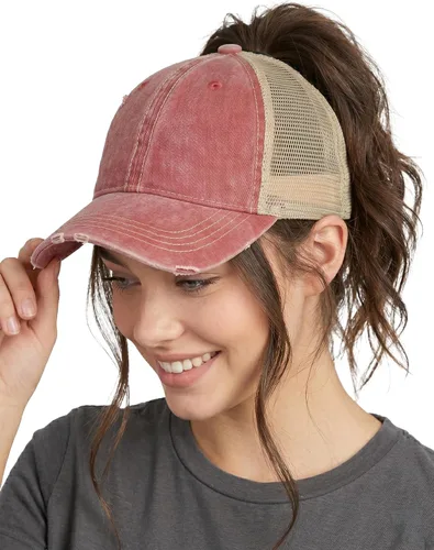 Vista 7 de Funky Junque - Gorro de béisbol para mujer, gorro de papá, gorro con cola de caballo, gorro con pelo despeinado, gorro pony. Negro - Malla Beige