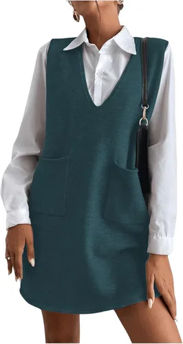 Vista 7 de OYOANGLE Vestido corto de punto con cuello en V sin mangas para mujer, liso, con bolsillos Verde militar