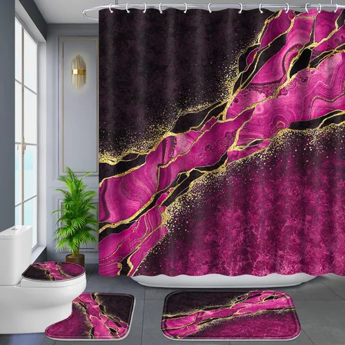 Vista 13 de Poedist Juego de 4 cortinas de ducha de baño, juegos de baño con alfombras (tapete de baño, forma de U y tapa de inodoro) y 12 ganchos, mármol
