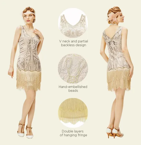 Vista 5 de BABEYOND Conjunto de vestidos flapper para mujer, con cuello en V de los años 20, con flecos y flecos, con accesorios