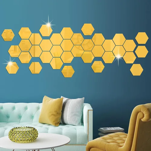 Vista 6 de RW-103 - 36 calcomanías acrílicas para espejo hexagonal, bricolaje, removibles, geométricos 3D, decoración de pared para dormitorio, sala de estar