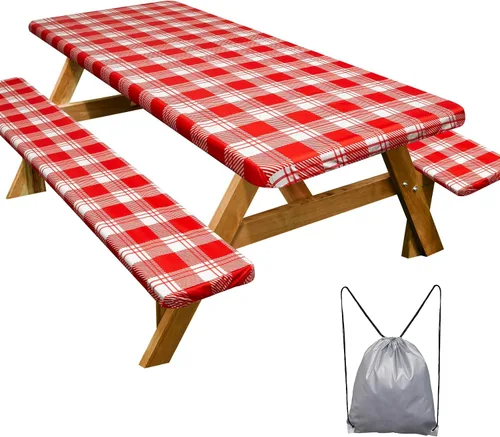 Vista 59 de Funda de mesa de picnic con fundas para bancos Esenciales de camping Mantel de picnic impermeable y a prueba de viento con bolsa de cordón, funda