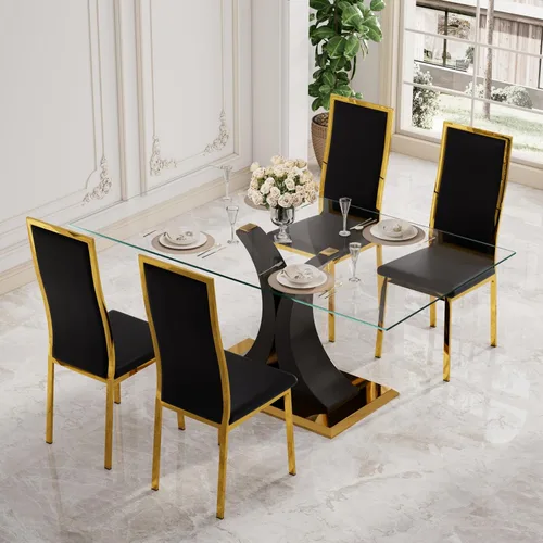 Vista 3 de Moderno juego de mesa de comedor rectangular de vidrio para 4, 63 pulgadas, mesa transparente de cocina de lujo con base negra y dorada, 4 sillas