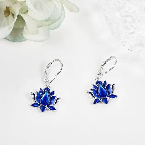 Vista 3 de Aretes de flor de loto, plata de ley, flor de loto azul, aretes colgantes con cierre de palanca, joyería de flor de loto, regalo para mujeres y niñas