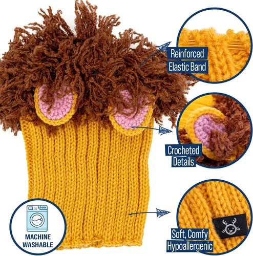 Vista 4 de Zoo Snoods Disfraz de león – Redecilla tejida para perro de melena para mascotas, cubierta cálida para el cuello para Halloween e invierno (S)