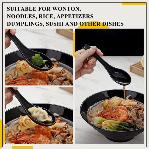 Vista 4 de Kyraton Juego de 24 cucharas de sopa asiática con mango largo fácil de sostener, cuchara japonesa de plástico irrompible para ramen, wonton chino