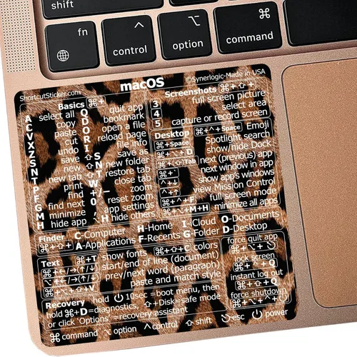 Vista 10 de Synerlogic Pegatina de accesos directos de Mac OS Calcomanías de teclado para macOS Hoja de trucos de vinilo laminado para MacBook para Negro