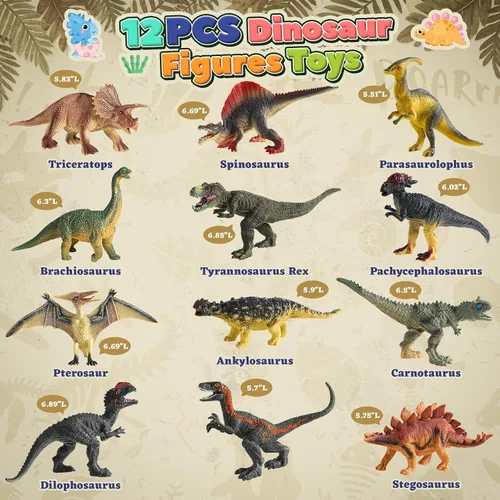 Vista 2 de OENUX Juguetes de dinosaurio para niños de 3 a 5 años, 12 piezas realistas de dinosaurios jurásicos con folleto educativo, dinosaurio de plástico