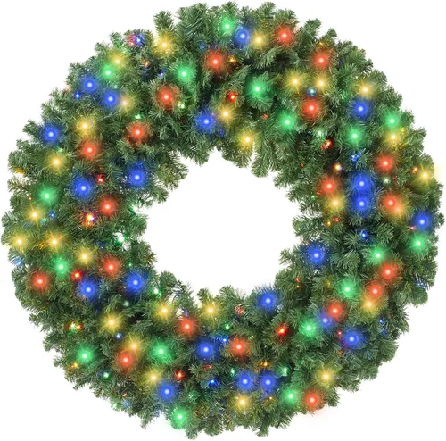 Vista 17 de Casafield Corona de Navidad artificial de abeto de 24 pulgadas, decoración navideña, 200 puntas de PVC para puerta delantera, ventana o mantel