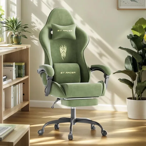 Vista 14 de Soontrans Sillas de tela de terciopelo para juegos con reposapiés, silla ergonómica para videojuegos para adultos, sillas reclinables de escritorio