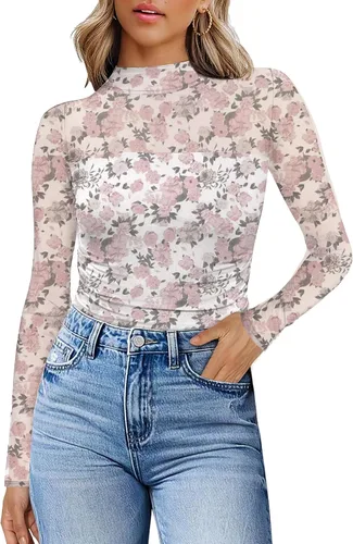 Vista 11 de Camisas de manga larga de malla sexy para mujer, ropa de moda, cuello de tortuga, drapeada, para salir, trajes de otoño, blusas ajustadas Negro