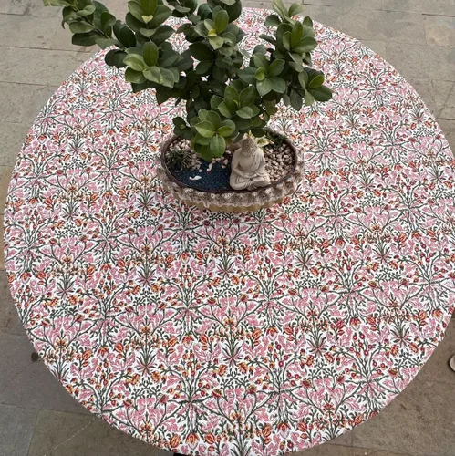 Vista 98 de Ridhi Mantel redondo estampado a mano color rosa flamenco 110 pulgadas 100%