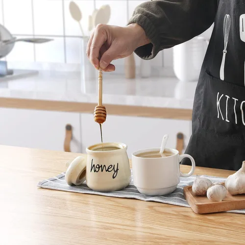 Vista 6 de ONTUBE Tarro de Miel con Cucharón y Tapa, Olla de Miel de Cerámica 12oz, Beige