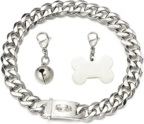 Vista 8 de Collar de oro para perro de 18 quilates, cadena de eslabones cubanos de 0.591 in/0.748 in de ancho, a prueba de mordidas, fuerte entrenamiento
