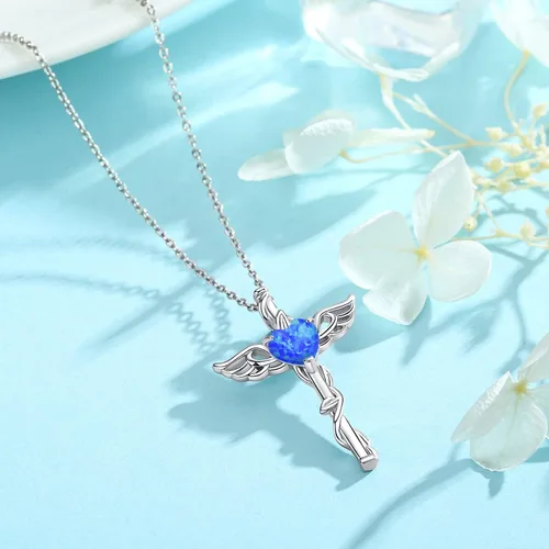 Vista 3 de Angel Necklace 925 Sterling Silver OpalMoonstoneBlue Crystal Angel Wings Cross Urn Pendant Necklace Hypoallergenic Moonstone Angel Cross Pendant