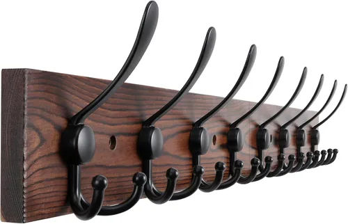 Vista 14 de Kuhome Perchero de madera para colgar sombreros de pared, tablón de madera real de pino de 16.9 pulgadas, color marrón, con 5 ganchos triples