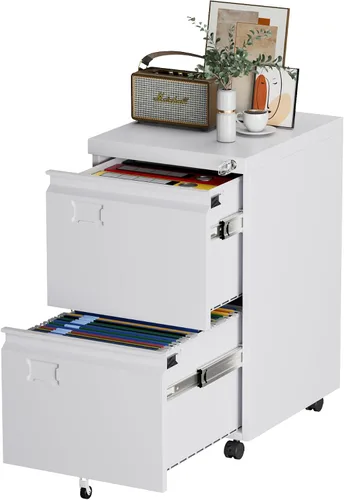 Vista 9 de Archivador de metal de 3 cajones con ruedas, archivador rodante debajo del escritorio para tamaño A4/carta/legal, archivador móvil con cerradura