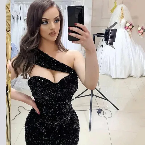 Vista 2 de Vestido de fiesta de sirena con lentejuelas de un hombro, largo, brillante, sin mangas, vestido formal de noche para boda, fiesta