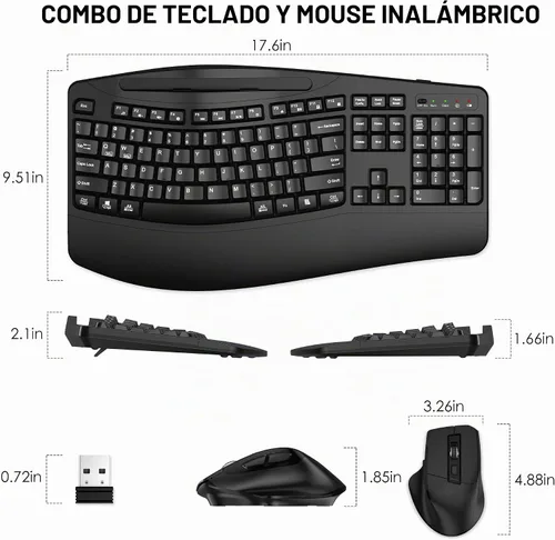 Vista 8 de Combo de teclado y mouse inalámbricos, teclas onduladas de tamaño completo 2.4G, teclado ergonómico con reposamuñecas, soporte para teléfono, mouse