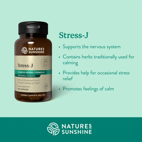 Vista 2 de Nature's Sunshine Stress-J, 100 cápsulas Esta fórmula natural para aliviar el estrés promueve la sensación de calma y ayuda con el estrés ocasional