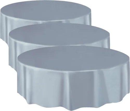 Vista 2 de Elegante mantel redondo de plástico sólido plateado (84 pulgadas), mantel impermeable de alta calidad, perfecto para fiestas y eventos, 1 paquete