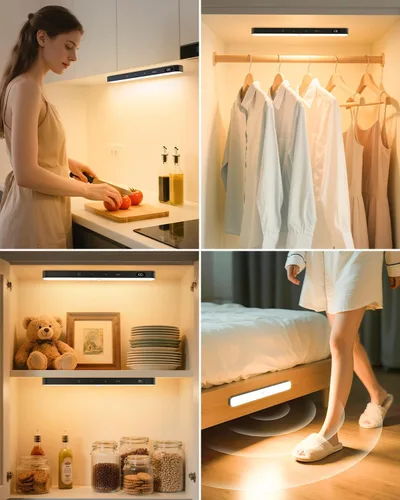 Vista 2 de Ferswe Luz de Sensor de Movimiento Interior Recargable, Pantalla de Nivel de Batería, 60 Luces LED de Sensor de Movimiento para Clóset, Control