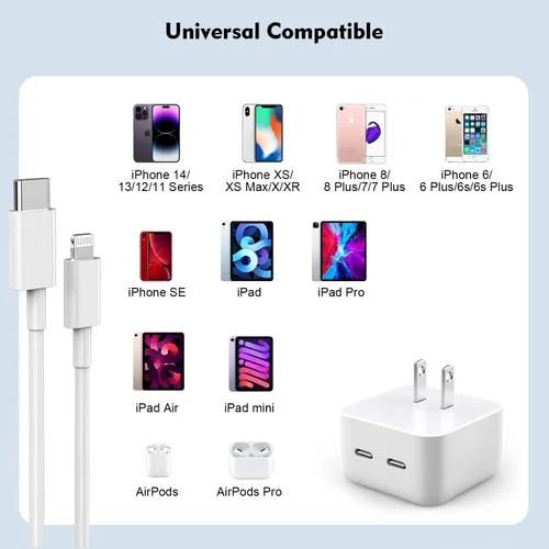 Vista 6 de Cargador rápido para iPhone, cargador para iPhone 14 [certificado MFi] de 40 W, bloque de cargador de pared plegable de doble puerto USB-C rápido