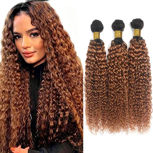 Vista 30 de P4613 Cabello humano rizado onda profunda marrón y paquetes mixtos 8 10 12 P4613 Ombre Marrón-Rubio-DP