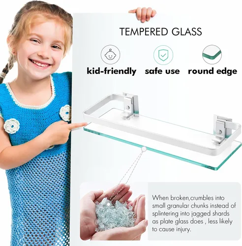 Vista 6 de KES Estantes de vidrio para baño, estantes flotantes de vidrio templado de 14 pulgadas de aluminio extra grueso, paquete de 2 organizadores