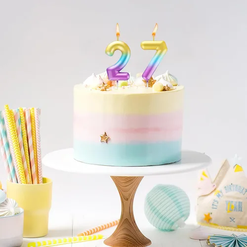 Vista 5 de Velas número 2 arcoíris con número 3D de feliz cumpleaños para decoración de fiesta de pastel de cumpleaños, suministros de celebración