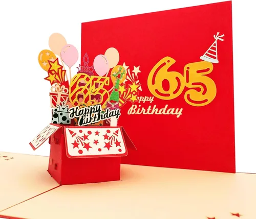 Vista 5 de iGifts And Cards Tarjeta de felicitación emergente 3D con caja de fiesta de cumpleaños número 65 color rojo de feliz 65 años – Sesenta y cinco