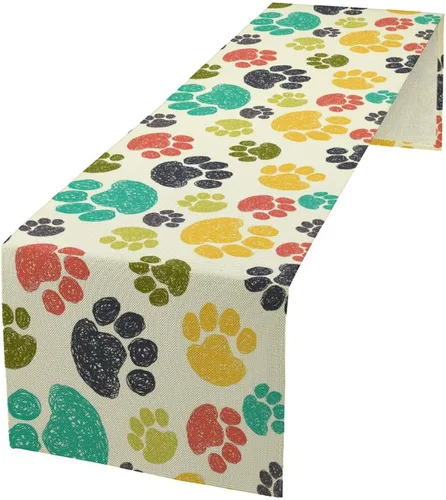 Vista 24 de Camino de mesa con diseño de patas de perro, lindo animal con estampado de patas de cachorro, decoración de fiesta de cumpleaños, casa de campo