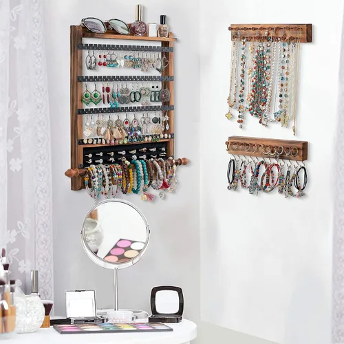 Vista 3 de Organizador de pendientes de madera, organizador de joyas de pared Brown+black